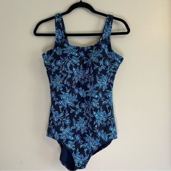 Women's Chlorine Resistant High Leg Soft Cup Tugless Sporty OnePiece Blue Floral - Picture 2 of 4